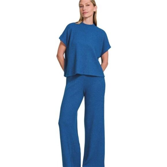 Zenana Rolled Sleeve Top and Pants Sweater Set - Picture 2 of 3